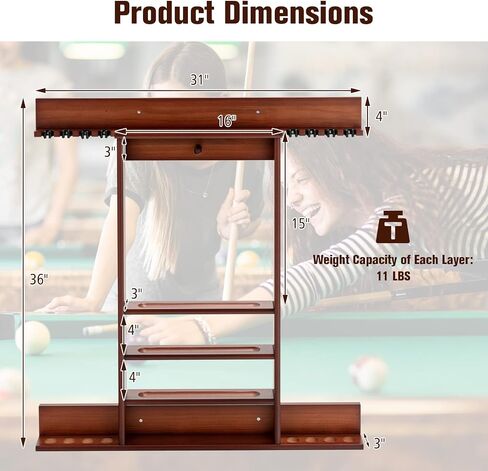 Goplus Pool Cue Rack, Wall Mounted Billiard Stick Holder, Made of Solid Pine Wood, Holds 8 Cues & Full Ball Set & 1 Ball Rack, Compact Billiards Accessories for Club, Bar (Brown) in Saudi Arabia