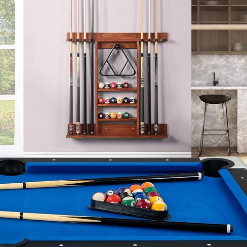 Goplus Pool Cue Rack, Wall Mounted Billiard Stick Holder, Made of Solid Pine Wood, Holds 8 Cues & Full Ball Set & 1 Ball Rack, Compact Billiards Accessories for Club, Bar (Brown) in Saudi Arabia