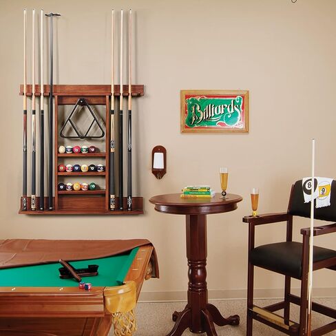 Goplus Pool Cue Rack, Wall Mounted Billiard Stick Holder, Made of Solid Pine Wood, Holds 8 Cues & Full Ball Set & 1 Ball Rack, Compact Billiards Accessories for Club, Bar (Brown) in Saudi Arabia