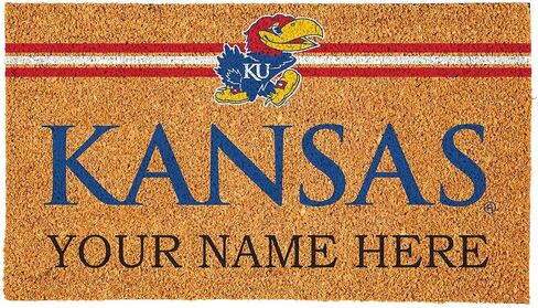 سجادة باب من ألياف جوز الهند مخصصة من Team Sports America NCAA University of Kansas College، ممسحة باب تحمل اسم مخصص مقاس 18 × 30 بوصة، سجادات ترحيب للباب الأمامي in Saudi Arabia