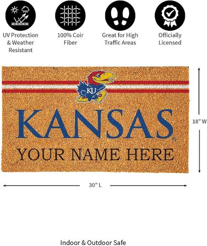 سجادة باب من ألياف جوز الهند مخصصة من Team Sports America NCAA University of Kansas College، ممسحة باب تحمل اسم مخصص مقاس 18 × 30 بوصة، سجادات ترحيب للباب الأمامي in Saudi Arabia