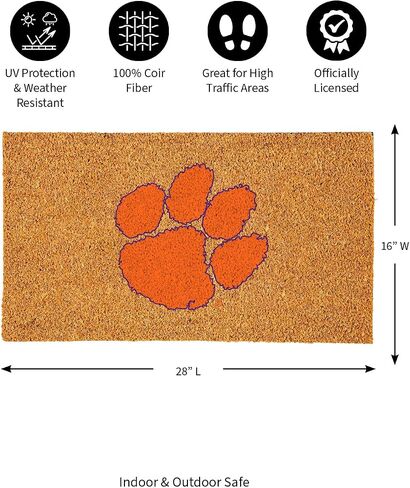 ممسحة جوز الهند الطبيعية من جامعة تيم سبورتس أمريكا NCAA Clemson University | شعار الفريق الرسمي بالألوان الكاملة | 28 × 16 بوصة | عدم الانزلاق مرة أخرى | سجادات أرضية ترحيب للباب الأمامي | ديكور منزلي لمدخل داخلي وخارجي in Saudi Arabia