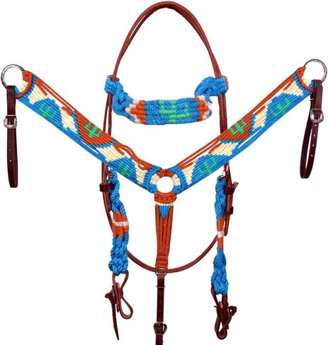 مجموعة HILASON Cactus Western Wool Headstall وطوق الصدر باللون الفيروزي الأبيض | الجلود للخيول in Kuwait