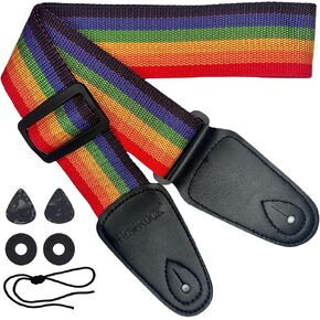 Guitar Strap for Electric Acoustic Bass Ukulele Accessories Rainbow Woven Colorful Embroidery Cotton Adjustable Classical Multi-Color Shoulder Straps Belt Leather Ends Adults Kids Guitarists in Saudi Arabia