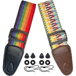 Guitar Strap for Electric Acoustic Bass Ukulele Accessories Rainbow Woven Colorful Embroidery Cotton Adjustable Classical Multi-Color Shoulder Straps Belt Leather Ends Adults Kids Guitarists in Saudi Arabia