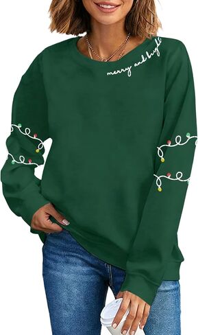 Gihuo Women's Christmas Sweatshirt Merry and Bright Holiday Pullover Long Sleeve Christmas Lights Design Soft Cotton Blend in Saudi Arabia