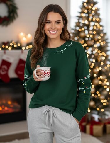 Gihuo Women's Christmas Sweatshirt Merry and Bright Holiday Pullover Long Sleeve Christmas Lights Design Soft Cotton Blend in Saudi Arabia