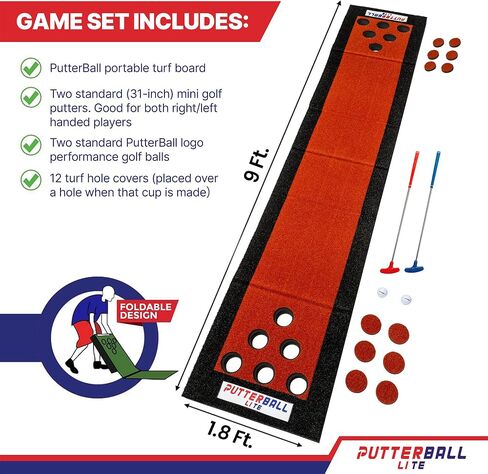 PutterBall Original Golf Putting Game Set – Backyard 12 ft Putting Green Pong Style Golf Mat with 2 Putters, 2 Balls & Hole Covers (PutterBall Original) (Putterball Lite Red, 9 ft) in Saudi Arabia