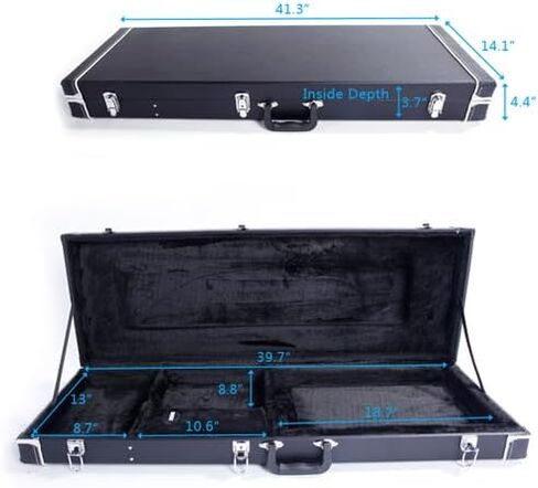 حافظة صلبة للجيتار الكهربائي عالية الجودة بتصميم مربع - خشب متين وجلد مع تصميم داخلي فخم، مزالج قابلة للقفل، حجرة تخزين، لمسة نهائية مسطحة سوداء واقية للقيثارات الكهربائية in Kuwait