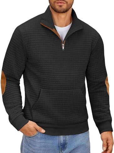 Mens Sweatshirt Casual Stand Collar Quarter Zip Pullover Fall Waffle Sweaters Long Sleeve with Pockets in Saudi Arabia