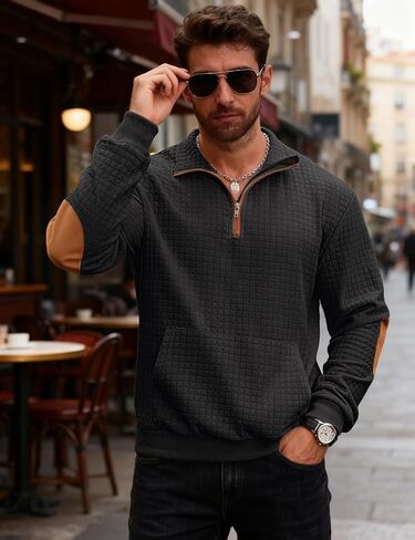 Mens Sweatshirt Casual Stand Collar Quarter Zip Pullover Fall Waffle Sweaters Long Sleeve with Pockets in Saudi Arabia