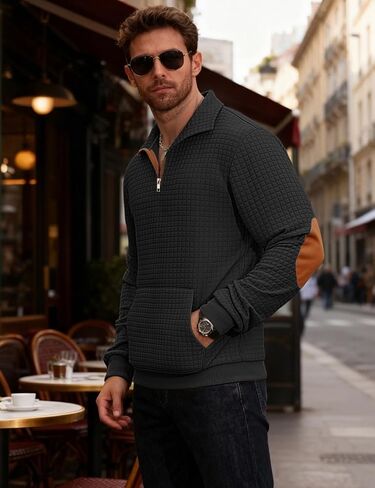 Mens Sweatshirt Casual Stand Collar Quarter Zip Pullover Fall Waffle Sweaters Long Sleeve with Pockets in Saudi Arabia