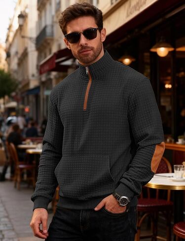 Mens Sweatshirt Casual Stand Collar Quarter Zip Pullover Fall Waffle Sweaters Long Sleeve with Pockets in Saudi Arabia