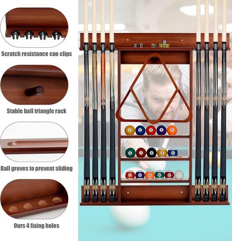 GYMAX Pool Stick Holder, Wall Mount 8 Pool Cue Rack made of 100% Pine Wood, Billiard Cue Racks Pool Table Accessories for Game Room Club Men Cave in Saudi Arabia