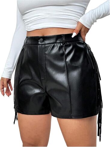 Women's Plus Size Faux Leather Mini Shorts Y2k Fringe High Waisted Party Club Skinny Shorts Concert Festival Outfits in Saudi Arabia