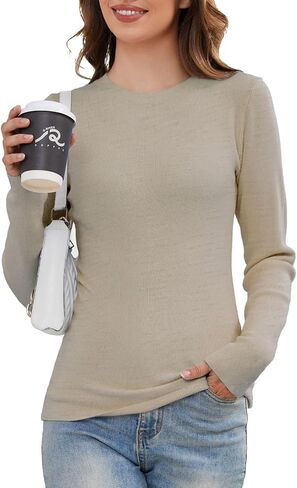 Womens Lightweight Crewneck Pullover Sweaters Stretchy Long Sleeve Undershirt Ribbed Fitted Shirts Base Layer Tops in Saudi Arabia