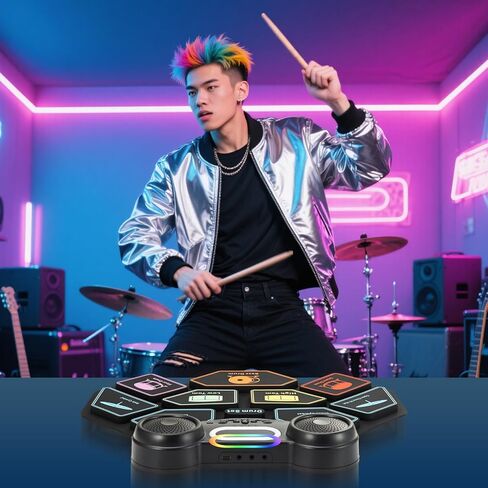 2025 Upgrade Electronic Drum Set 9-Pad Roll-Up – Portable Silicone Drum Kit with 2 Pedals, Built-in Speakers, MIDI & Headphone Jack – Ideal for Practice & Travel (Drum pattern) in Kuwait