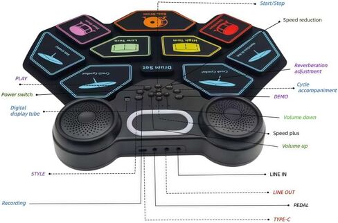 2025 Upgrade Electronic Drum Set 9-Pad Roll-Up – Portable Silicone Drum Kit with 2 Pedals, Built-in Speakers, MIDI & Headphone Jack – Ideal for Practice & Travel (Drum pattern) in Kuwait