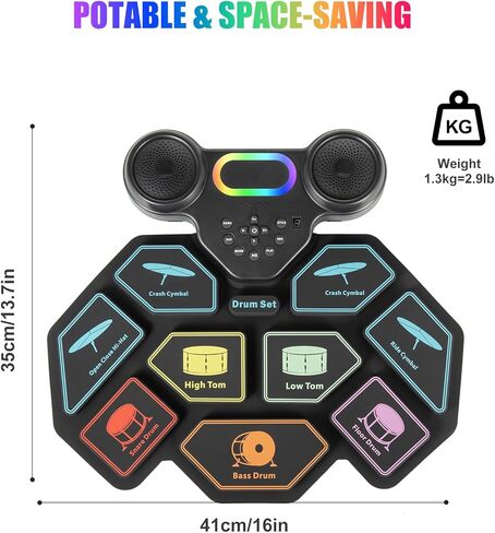 2025 Upgrade Electronic Drum Set 9-Pad Roll-Up – Portable Silicone Drum Kit with 2 Pedals, Built-in Speakers, MIDI & Headphone Jack – Ideal for Practice & Travel (Drum pattern) in Kuwait