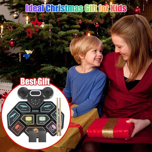 2025 Upgrade Electronic Drum Set 9-Pad Roll-Up – Portable Silicone Drum Kit with 2 Pedals, Built-in Speakers, MIDI & Headphone Jack – Ideal for Practice & Travel (Drum pattern) in Kuwait