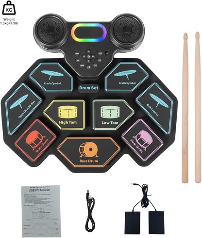 2025 Upgrade Electronic Drum Set 9-Pad Roll-Up – Portable Silicone Drum Kit with 2 Pedals, Built-in Speakers, MIDI & Headphone Jack – Ideal for Practice & Travel (Drum pattern) in Kuwait