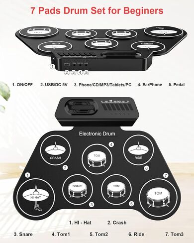 AiJoy Portable Electronic Drum Set for Kids – 7 Pads, Built-in Speaker, Rechargeable Roll-Up Drum Kit with Headphone Mode & Demo Songs – Ideal Gift for Beginners & Childre in Saudi Arabia