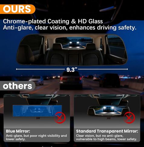 Rear View Mirror, 14 Inch Chrome Anti-glare Panoramic Rear Mirrors Universal Convex Car Interior Clip on Extra Big Wide Angle Rearview Mirror Extender to Reduce Blind Spot for Car SUV Trucks in Kuwait