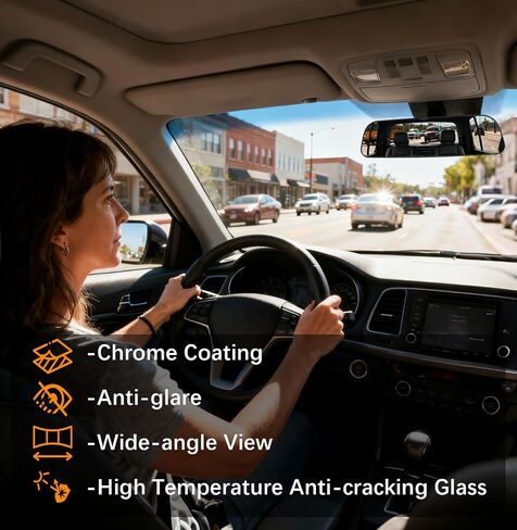 Rear View Mirror, 14 Inch Chrome Anti-glare Panoramic Rear Mirrors Universal Convex Car Interior Clip on Extra Big Wide Angle Rearview Mirror Extender to Reduce Blind Spot for Car SUV Trucks in Kuwait
