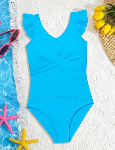 WIQI Girls Swimsuit Ruffle Adjustable Straps One Piece Bathing Suit Criss Cross Solid Color Girls' Swimwear 9-16Y in Saudi Arabia