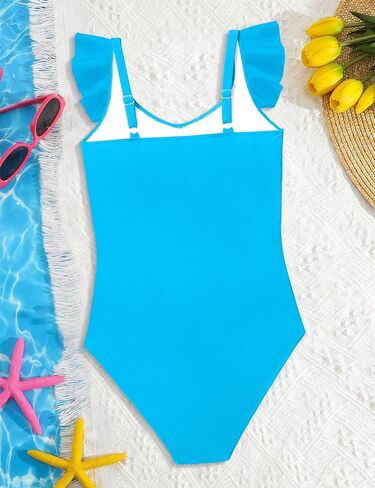 WIQI Girls Swimsuit Ruffle Adjustable Straps One Piece Bathing Suit Criss Cross Solid Color Girls' Swimwear 9-16Y in Saudi Arabia