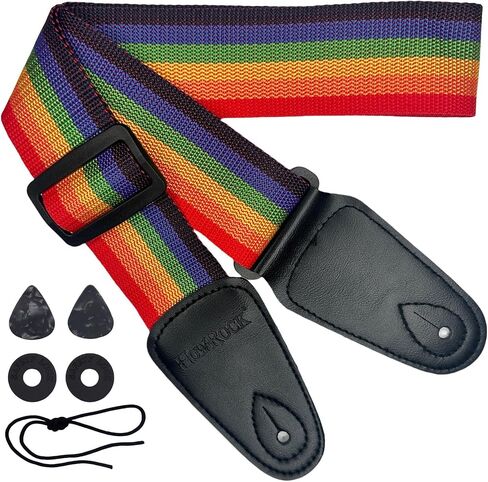 Guitar Strap for Electric Acoustic Bass Ukulele Accessories Rainbow Woven Colorful Embroidery Cotton Adjustable Classical Multi-Color Shoulder Straps Belt Leather Ends Adults Kids Guitarists in Saudi Arabia