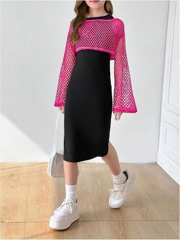 Oyoangle Cute Girl's 2 قطعة ملابس Midi Tank Dress Side Side and Mollow in Kuwait