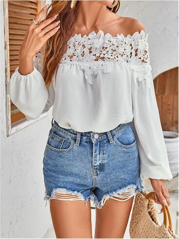 WDIRARA Women's Floral Lace Off Shoulder Blouse Long Bishop Sleeve Top Solid Shirt in Saudi Arabia