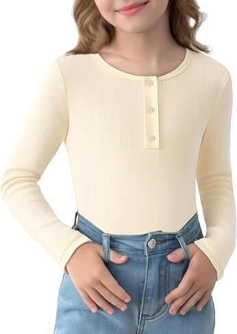 Arshiner Girls Long Sleeve Henley Ribbed Knit Shirts for Girls Button Down Slim Fit Tops Round Neck Blouses in Saudi Arabia