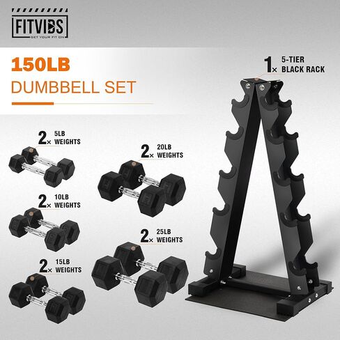 مجموعة أوزان الدمبل السداسية المطلية بالمطاط ورف التخزين من Fitvids، مجموعة 100 رطل أو مجموعة 150 رطل، أزواج 5-20 رطل أو أزواج 5-25 رطل in Saudi Arabia