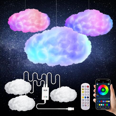 3D Cloud Lamp مع APP & MUSIC SYNC ، ضوء سقف قطني كبير 24 بوصة ، 16 مترًا متغيرًا من الضوء المزاجي LED لغرفة النوم والحضانة ، والتحكم اللاسلكي اللاسلكي ، و USB مدعوم - أبيض ومتعدد الألوان in Saudi Arabia