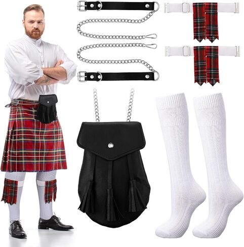 3 Pcs Men's Scottish Tartan Kilt Costume Accessory Include Kilt Hose Flashes Sporran Pouch with Chain and Black Socks for Halloween Cosplay Outfits Highland Games in Saudi Arabia