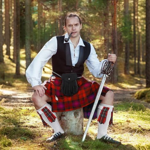 3 Pcs Men's Scottish Tartan Kilt Costume Accessory Include Kilt Hose Flashes Sporran Pouch with Chain and Black Socks for Halloween Cosplay Outfits Highland Games in Saudi Arabia