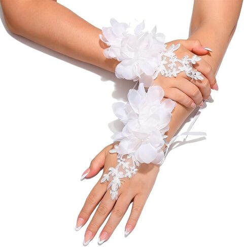 Unsutuo Flower Fingerless Gloves Lace Gloves Rhinestone Short Bridal Glove for Women and Brides in Saudi Arabia