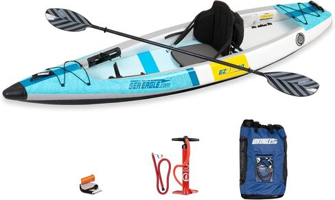 Sea Eagle EZLITE 10 خفيف الوزن، منسوج بالكامل، غرز متدلية، جامد، عالي الأداء، سهل الإعداد، قوارب الكاياك المنفردة القابلة للنفخ بطول 10 بوصات مع حقيبة ظهر، مجداف مقعد ومساند قدم قابلة للتعديل in Kuwait