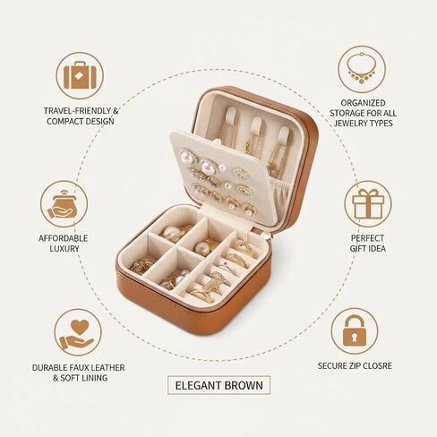 Travel Jewelry Box, PU Leather Small Jewelry Organizer for Women Girls, Portable Mini Travel Case Display Storage Holder Boxes for Stud Earrings, Rings, Necklaces (Brown) in Saudi Arabia