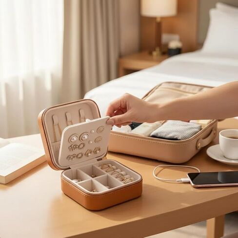 Travel Jewelry Box, PU Leather Small Jewelry Organizer for Women Girls, Portable Mini Travel Case Display Storage Holder Boxes for Stud Earrings, Rings, Necklaces (Brown) in Saudi Arabia