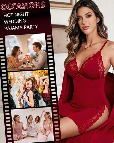 Women Sexy Lingerie Milk Silk Sleepwear V-Neck Chemise Lace Nightgown Side Slit Nightie Babydoll Sleepwear in Kuwait
