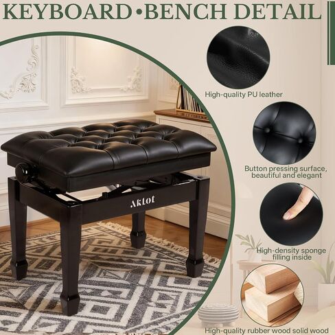 AKLOT Hydraulic Piano Bench, Keyboard Bench with Padded Cushion, Ajustbale Heavy Duty Piano Seat with High-Density Sponge, Piano Stool 23.22"X 15.75" Solid Wooden Piano Chair for Pianist（Black in Saudi Arabia