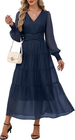 anrabess womens floral long sleeve maxi dress v chiffon chiffon flowy boho a-line 2025 fall wedding guest party dresses in Saudi Arabia