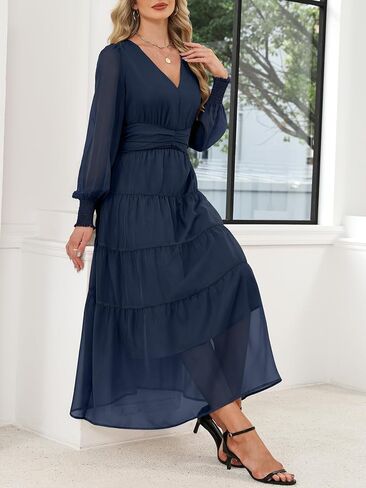 anrabess womens floral long sleeve maxi dress v chiffon chiffon flowy boho a-line 2025 fall wedding guest party dresses in Saudi Arabia