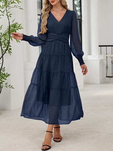 anrabess womens floral long sleeve maxi dress v chiffon chiffon flowy boho a-line 2025 fall wedding guest party dresses in Saudi Arabia