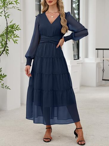 anrabess womens floral long sleeve maxi dress v chiffon chiffon flowy boho a-line 2025 fall wedding guest party dresses in Saudi Arabia