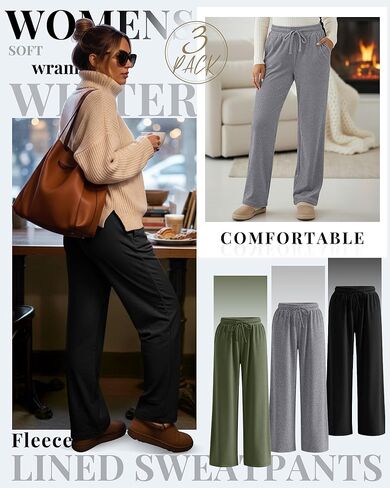 3 Pack Womens Fleece Lined Sweatpants Straight Leg Thermal Baggy Lounge Pants Elastic Waist Joggers with Pockets in Kuwait