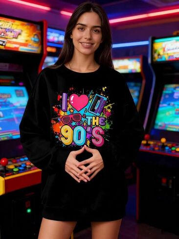 سويت شيرت نسائي كبير الحجم 90s قميص الزي 90s أنا أحب 90S تي شيرت للفتيات حفلة عيد ميلاد بأكمام طويلة in Saudi Arabia